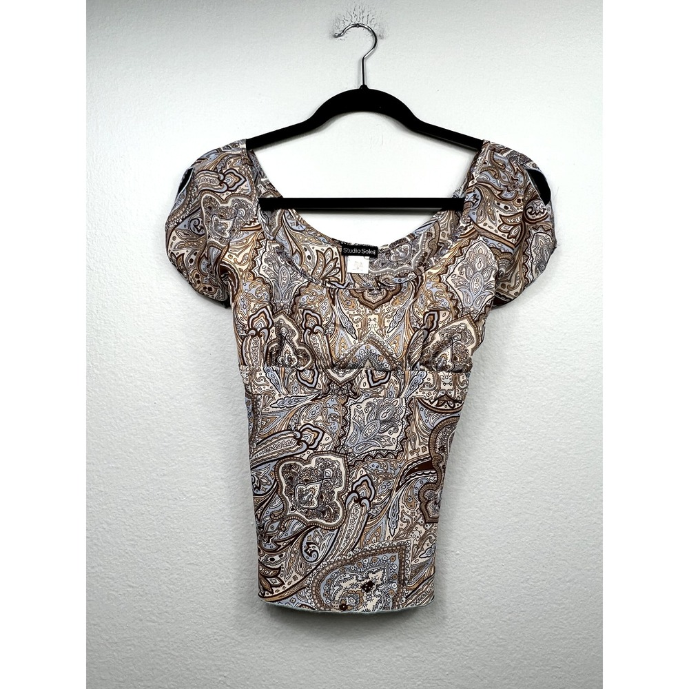 Studio Soleil Womens‎ Paisley Scoop Neck Tie Back Blouse Brown Blue Medium 3948